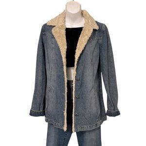 Denim Vintage Faux Fur Sherpa Collar Blue Washed Denim Jean Jacket Blazer M